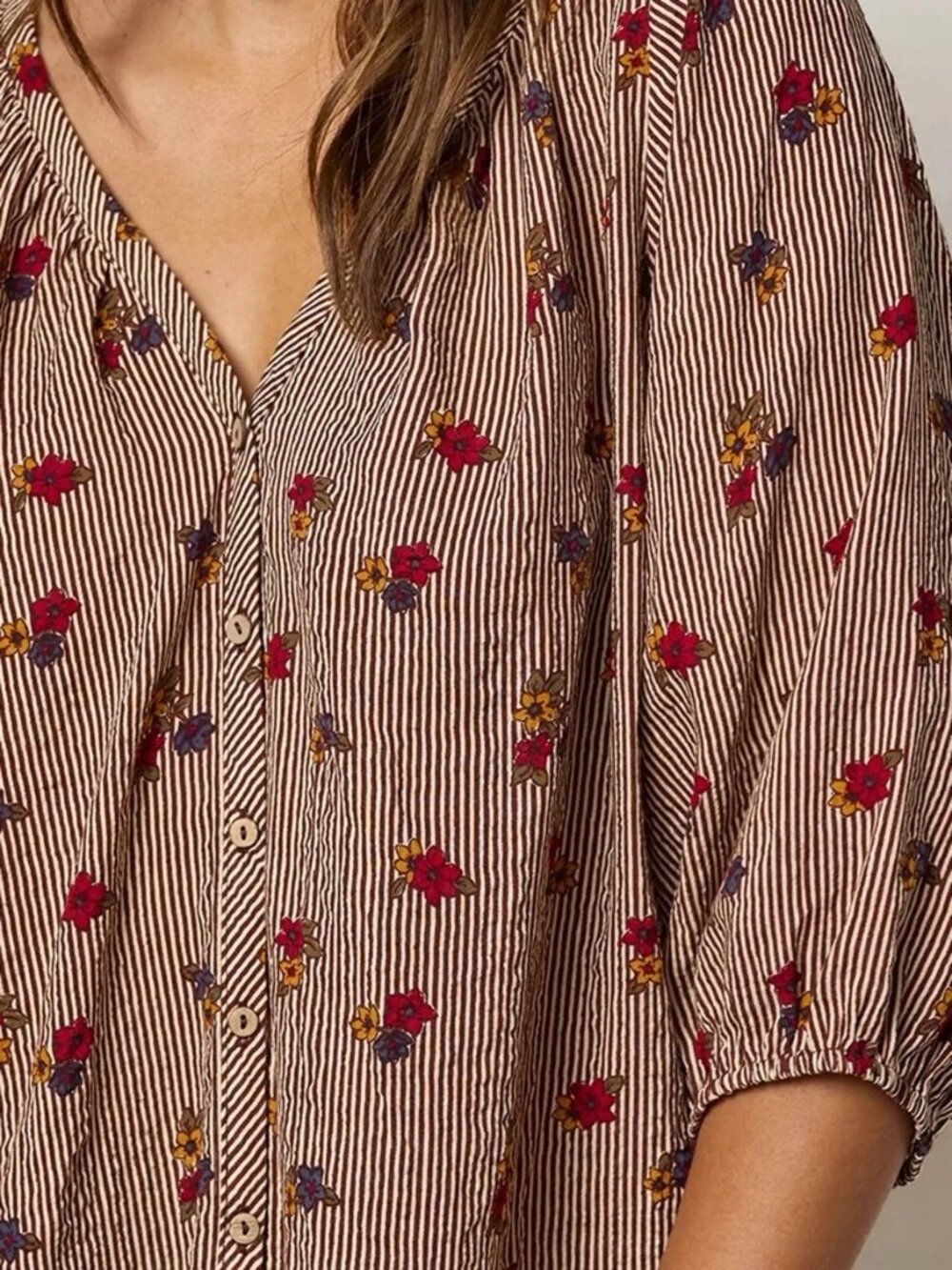 Natural Life Abby Blouse Sz XS Brown Ditsy Garden Stripe Floral Boho Peasant Top - Picture 3 of 6